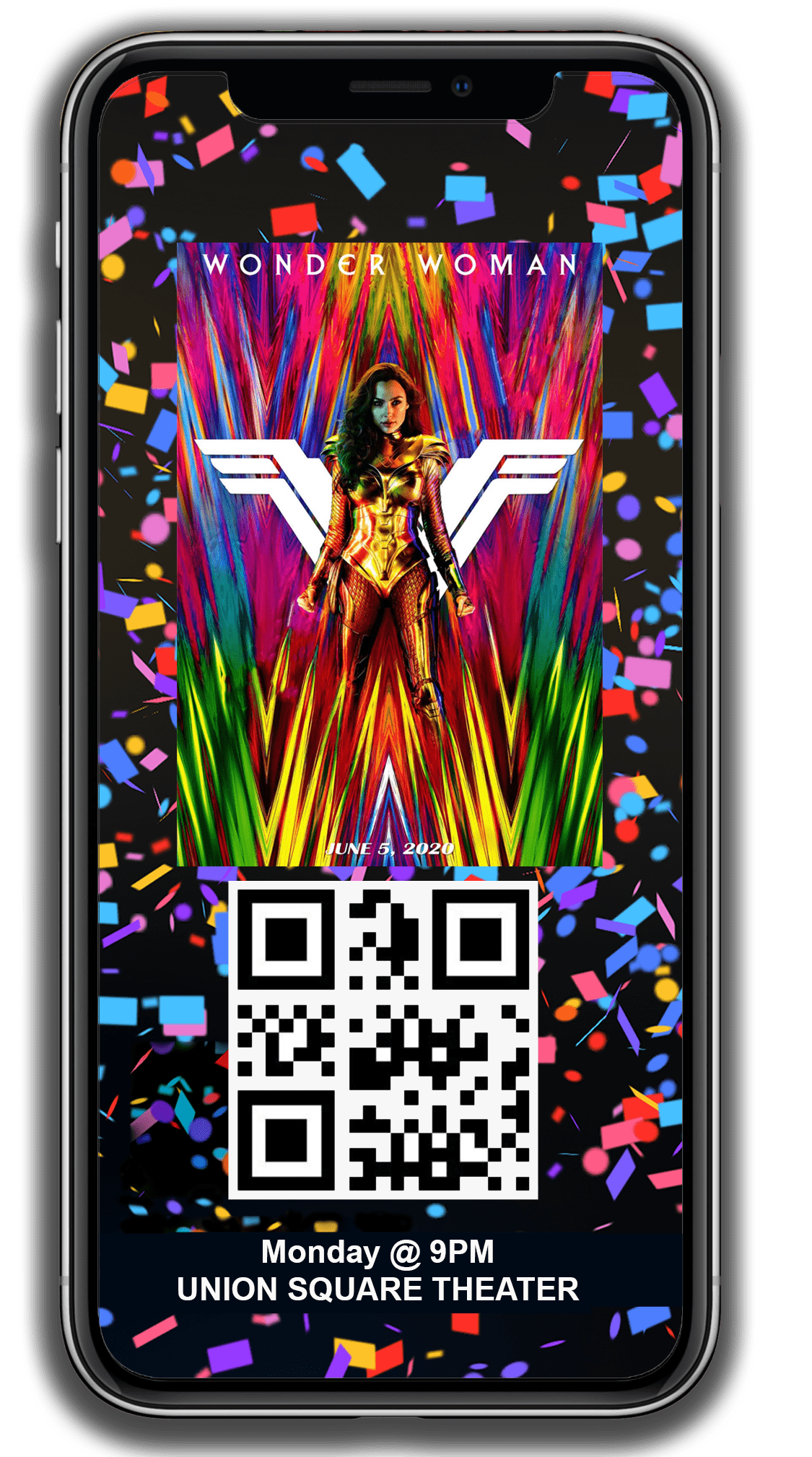 Phone showing screenshot of Wonder Women 1984 movie poster.
