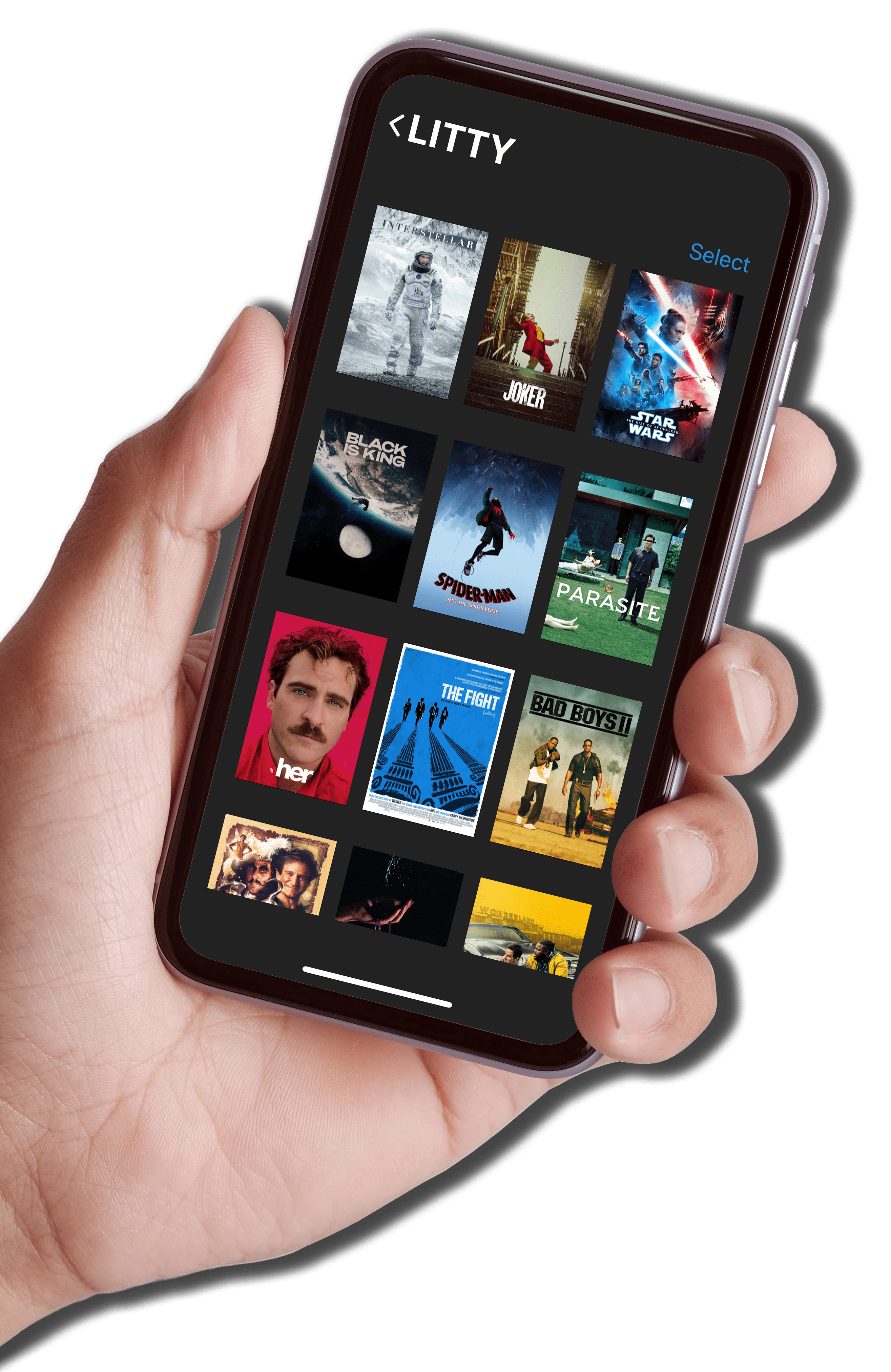 A hand holding a phone showing grid of movie posters.